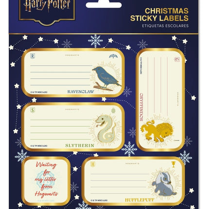 Harry Potter Premium selvklæbende til- og fra-kort med julemotiver fra Gryffindor, Slytherin, Ravenclaw og Hufflepuff.