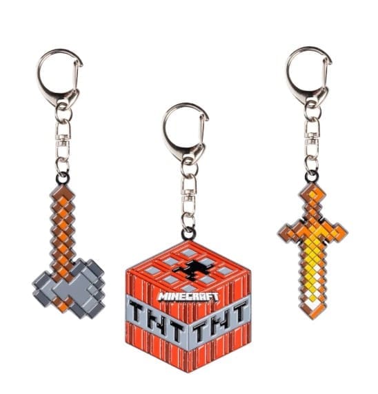 Minecraft nøglering 3-pak.- Økse, sværd, TNT