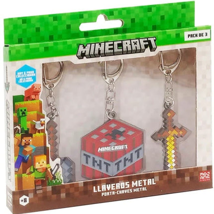Minecraft nøglering 3-pak.- Økse, sværd, TNT