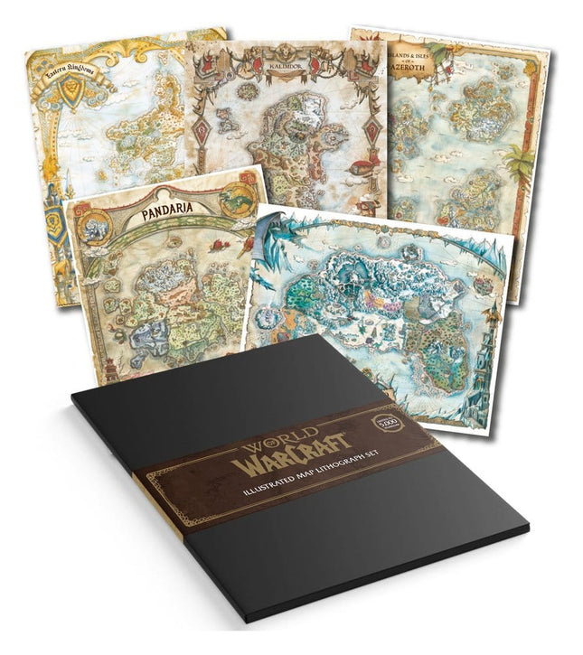 World of Warcraft Limited Edition Art Print-sæt med fem illustrerede kort over Azeroth i sort opbevaringsmappe.